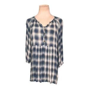 Maeve blue plaid 3/4 sleeves v neck tunic top blouse size small